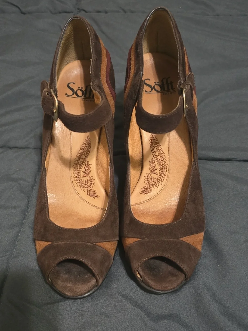 Sofft Brown Suede Peep-Toe Mary Jane Heels